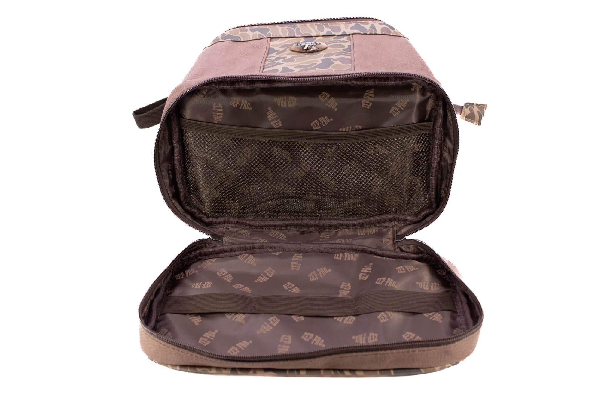 Buck old school camo canvas toiletry dopp bag brown tan open bottom