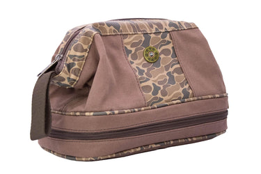 Shot shell old school camo canvas toiletry dopp bag brown tan side