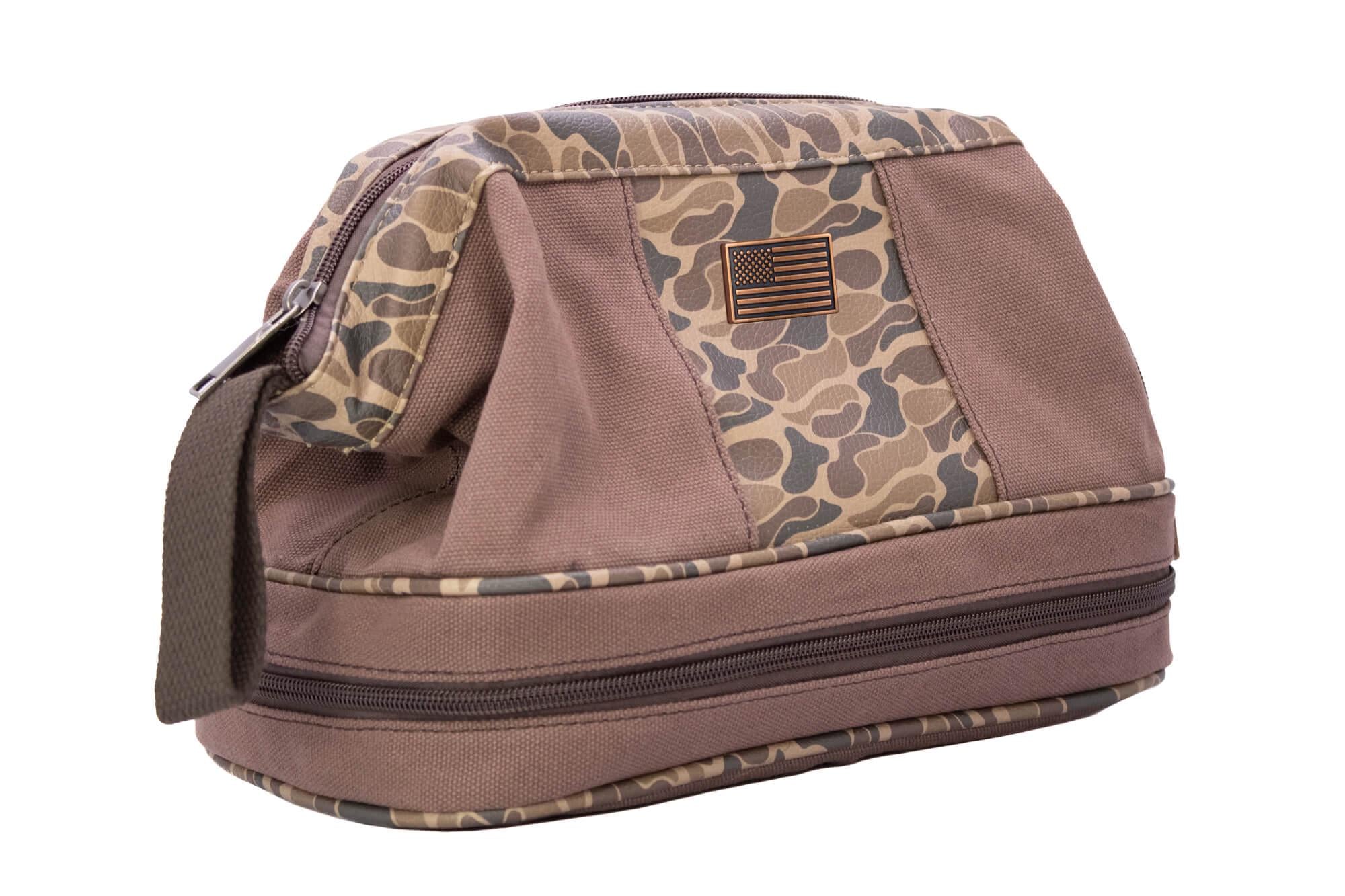 USA Flag old school camo canvas toiletry dopp bag brown tan side