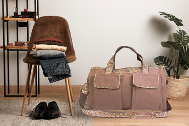 Bass old school camo canvas weekender bag brown tan chair