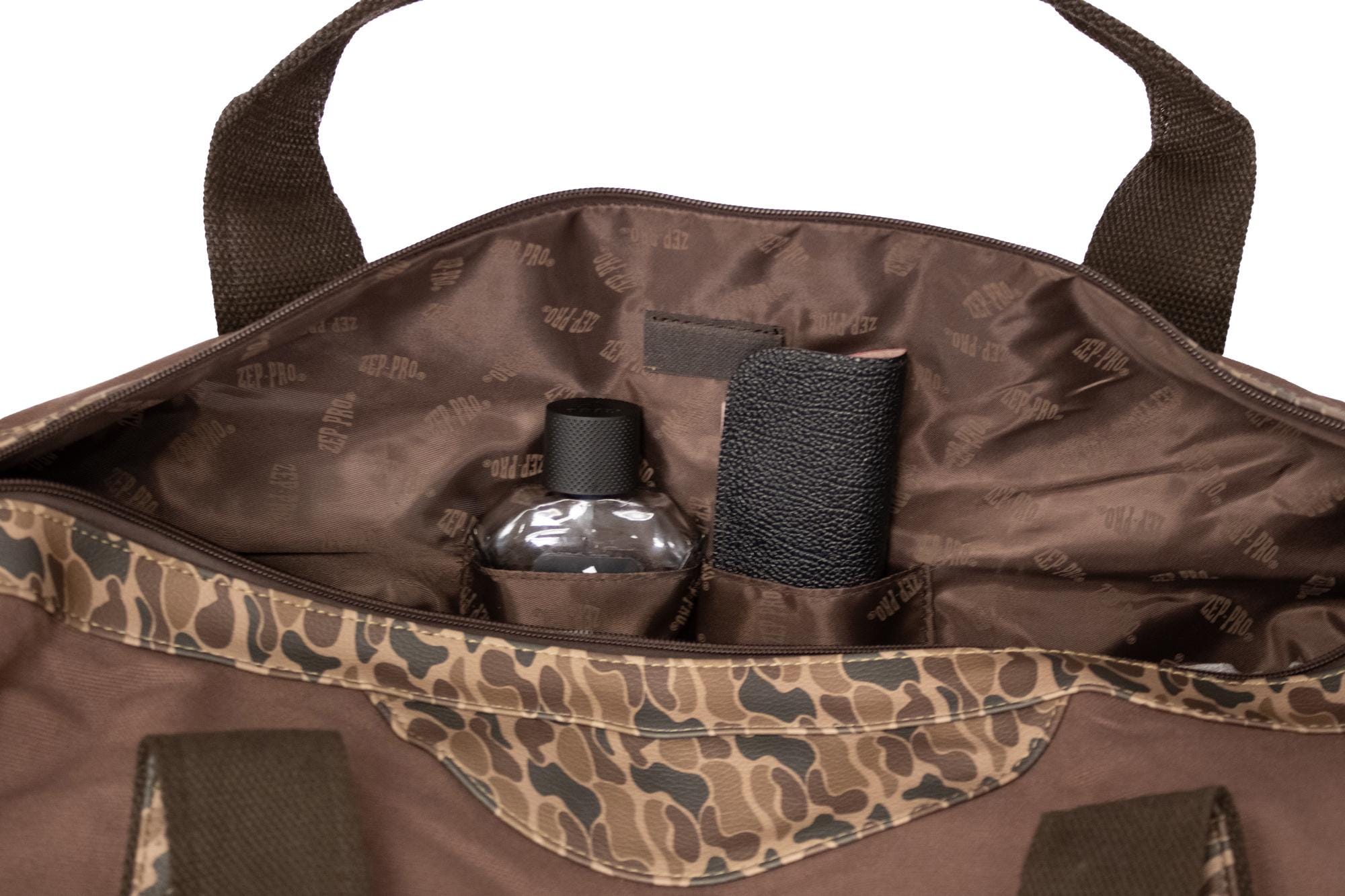 Lab old school camo canvas weekender bag brown tan open side