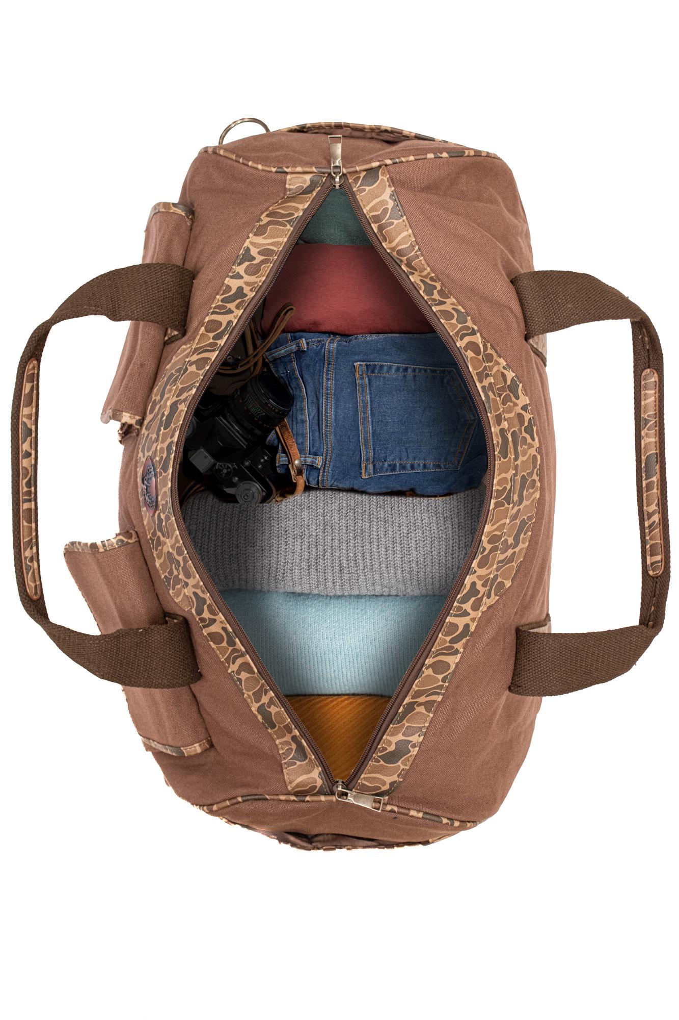 Mallard old school camo canvas weekender bag brown tan open top