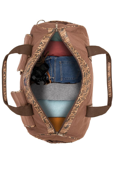 Mallard old school camo canvas weekender bag brown tan open top