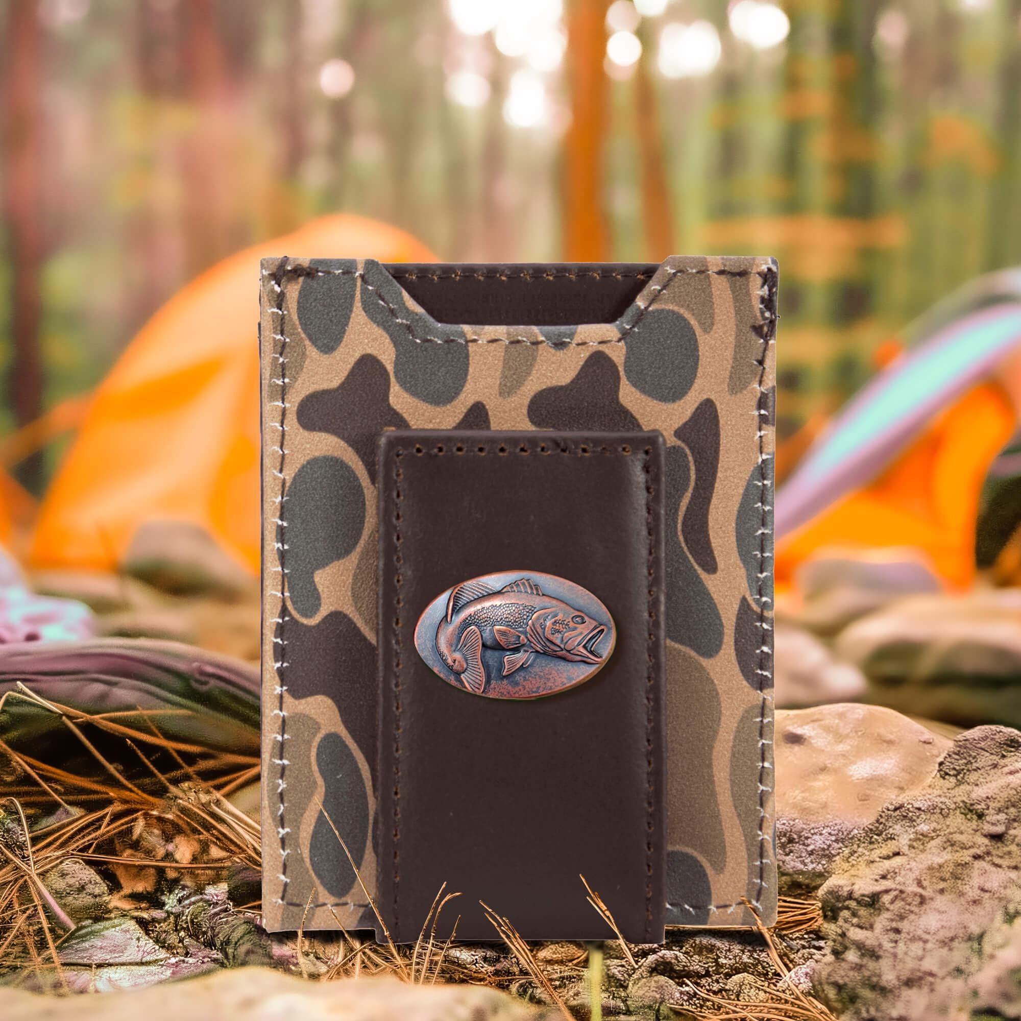 Bass Old School Camo front pocket magnetic wallet brown tan camp