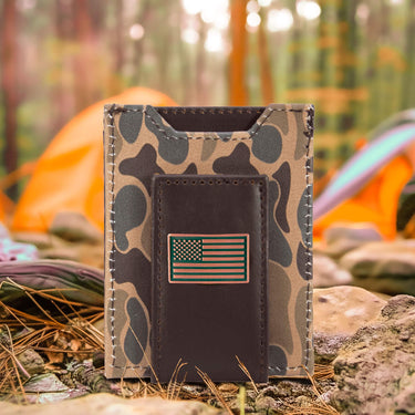 USA Flag Old School Camo front pocket magnetic wallet brown tan camp