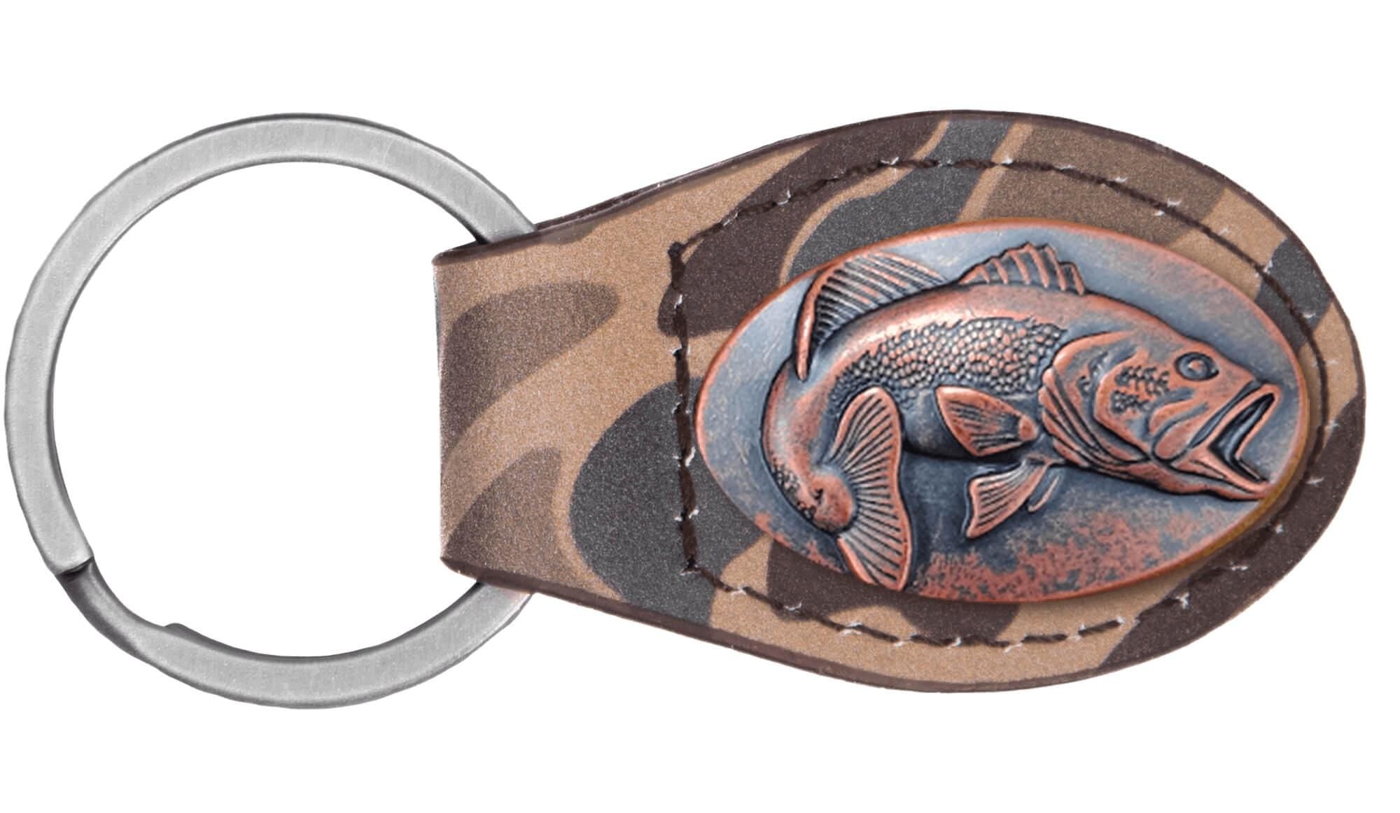 Old School Camo Leather Key Fob. Brown Tan with Antique Copper Bass