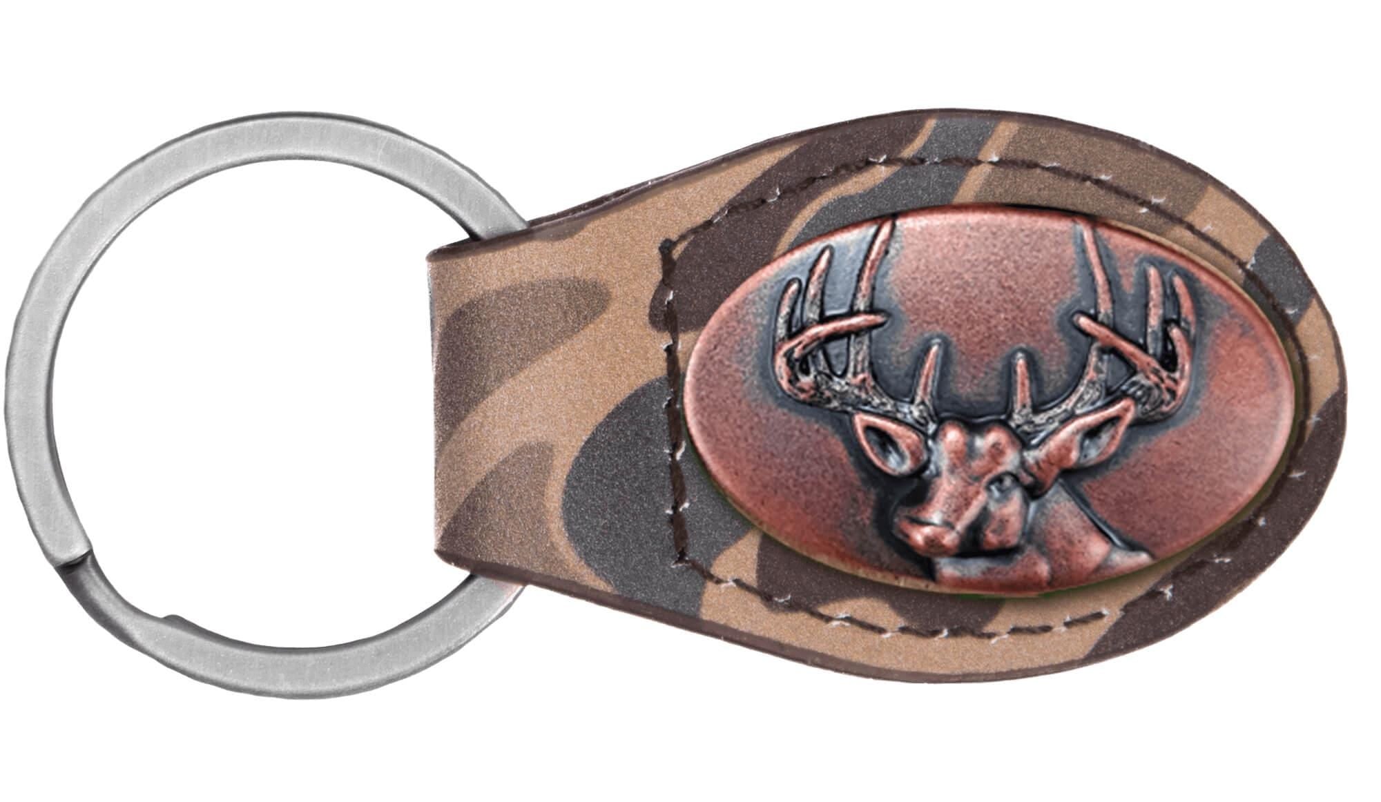 Old School Camo Leather Key Fob. Brown Tan with Antique Copper Buck