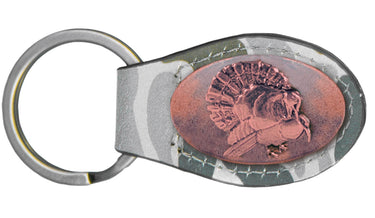 Old School Camo Leather Key Fob. Green Gray with Antique Copper Turkey