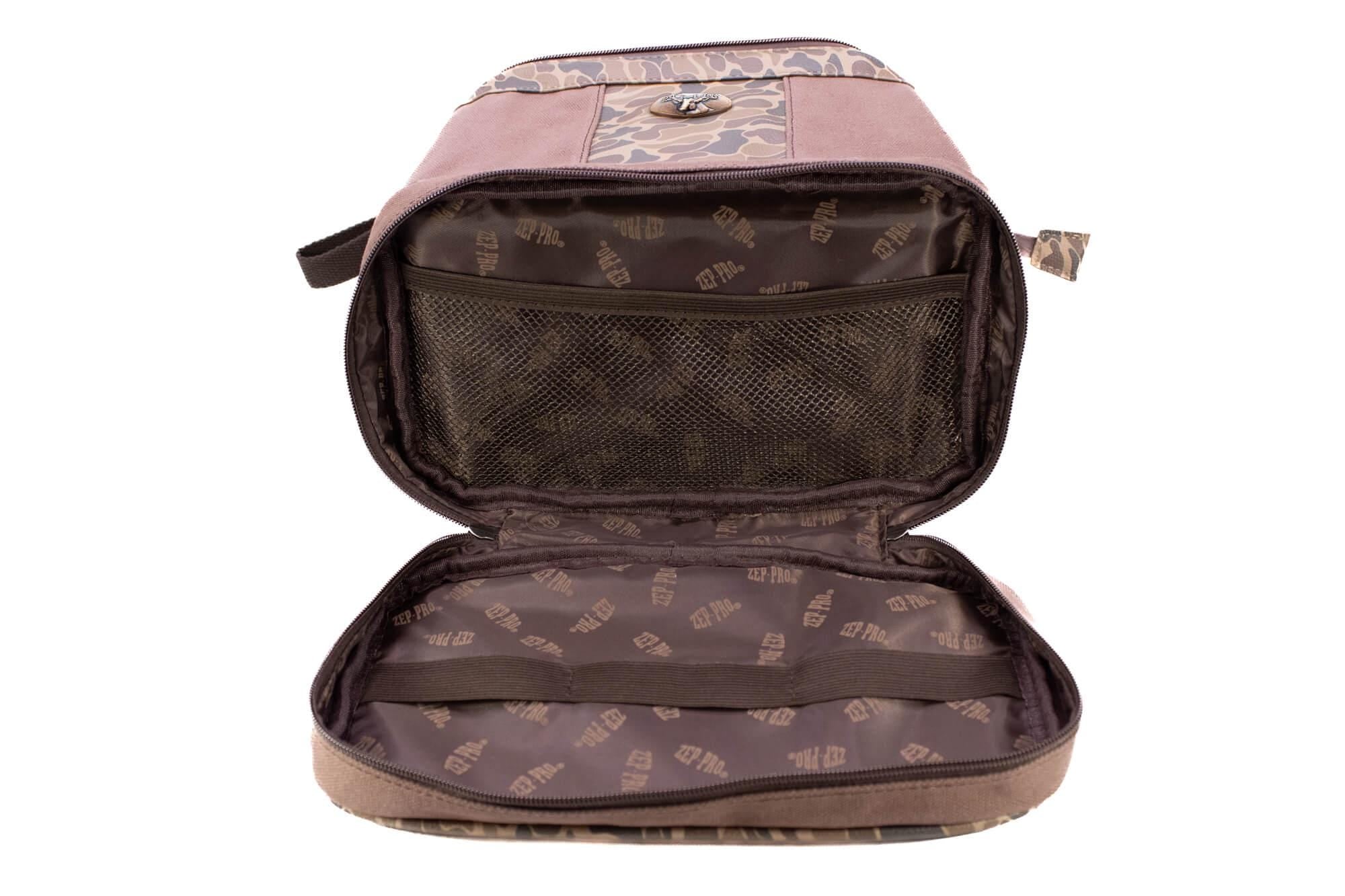 Bass old school camo canvas toiletry dopp bag brown tan open bottom