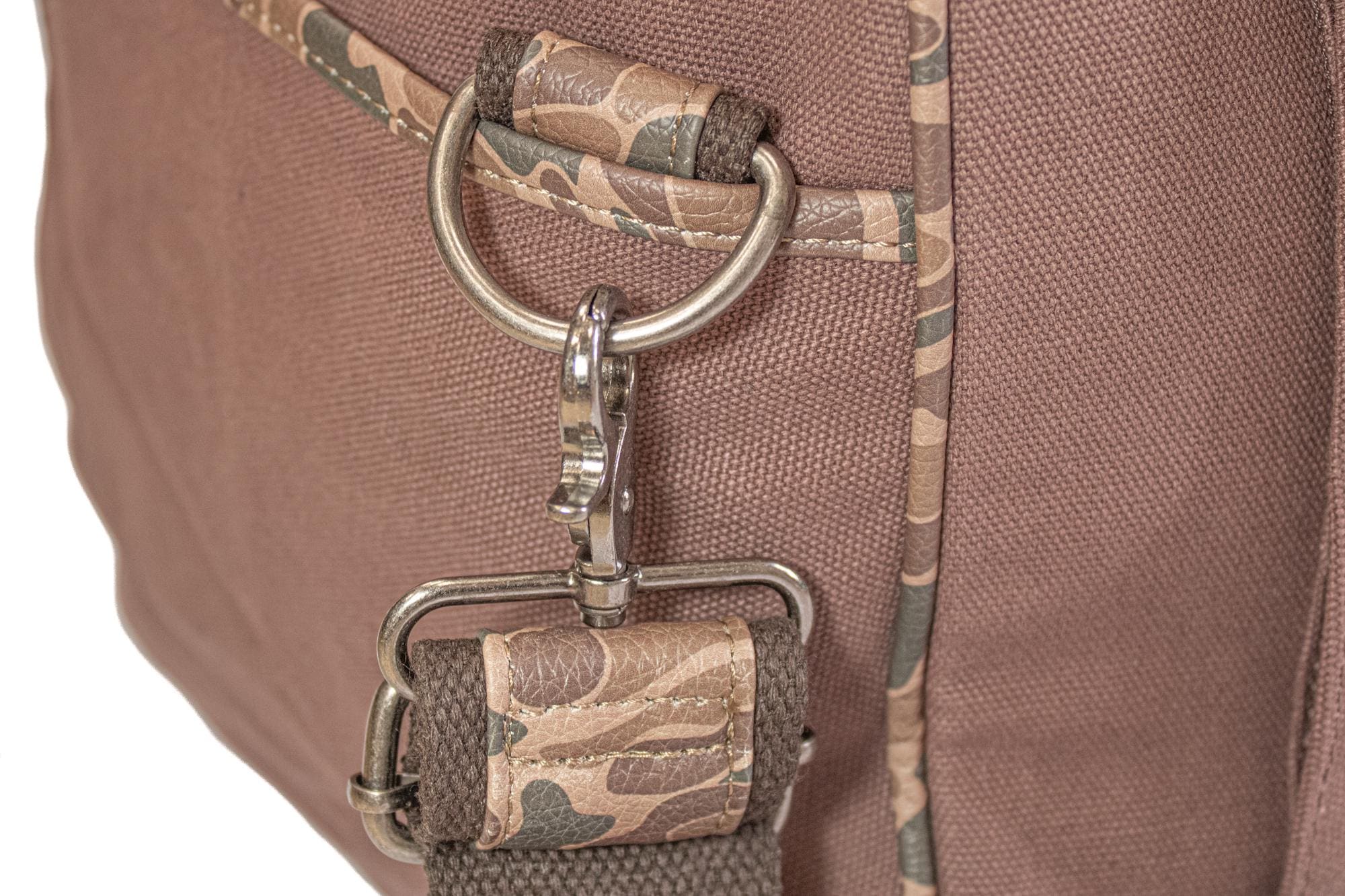 Buck old school camo canvas weekender bag brown tan side clip