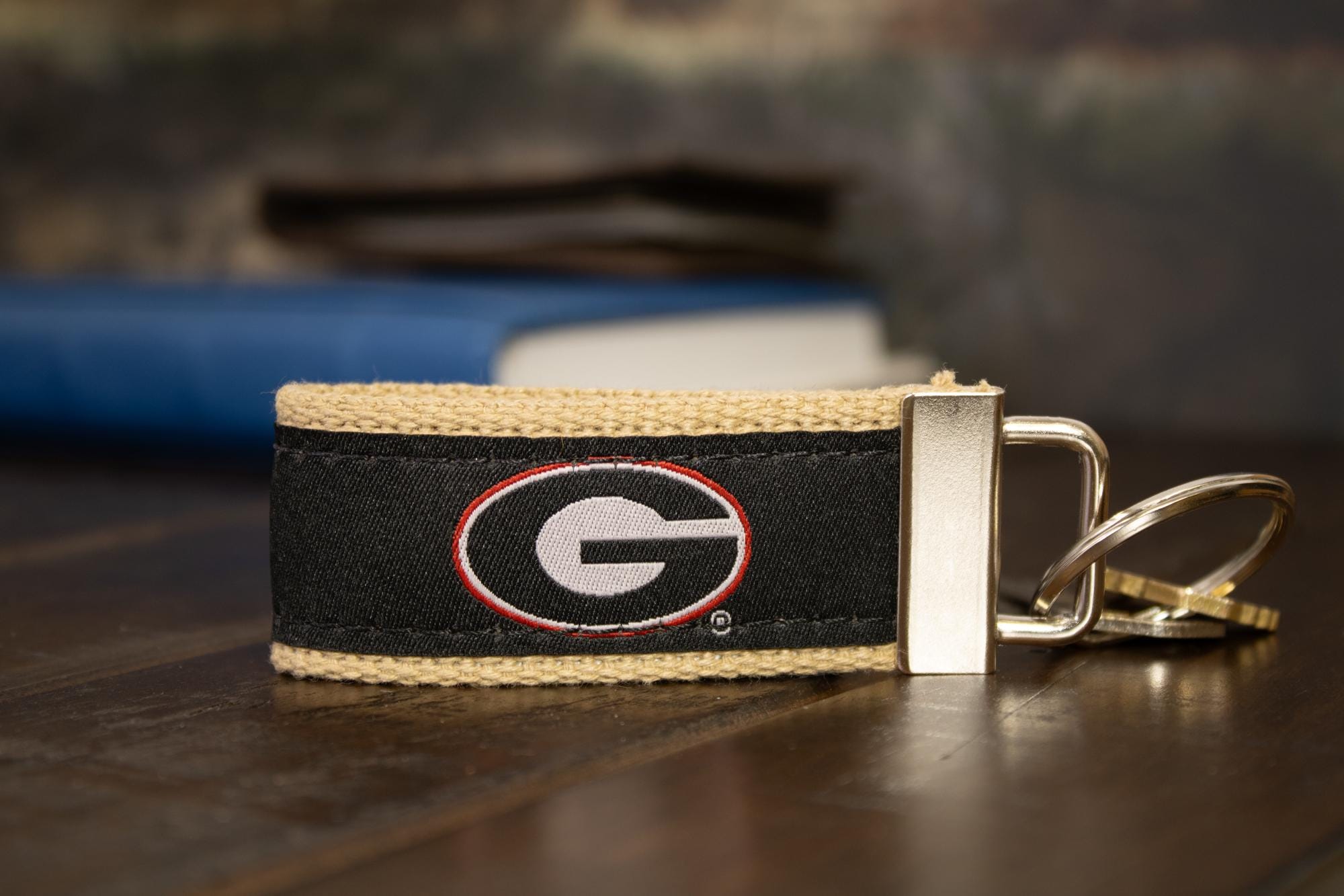 Georgia Bulldogs Collegiate Woven Ribbon Key Chain. University of Gerogia Key Fob. UGA Dawgs Gift. Brass Clasp and O-Ring.