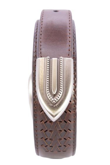West Virginia Mountaineers Men's Collegiate Brown Braided Leather Belt. Metal Emblem Conchos.