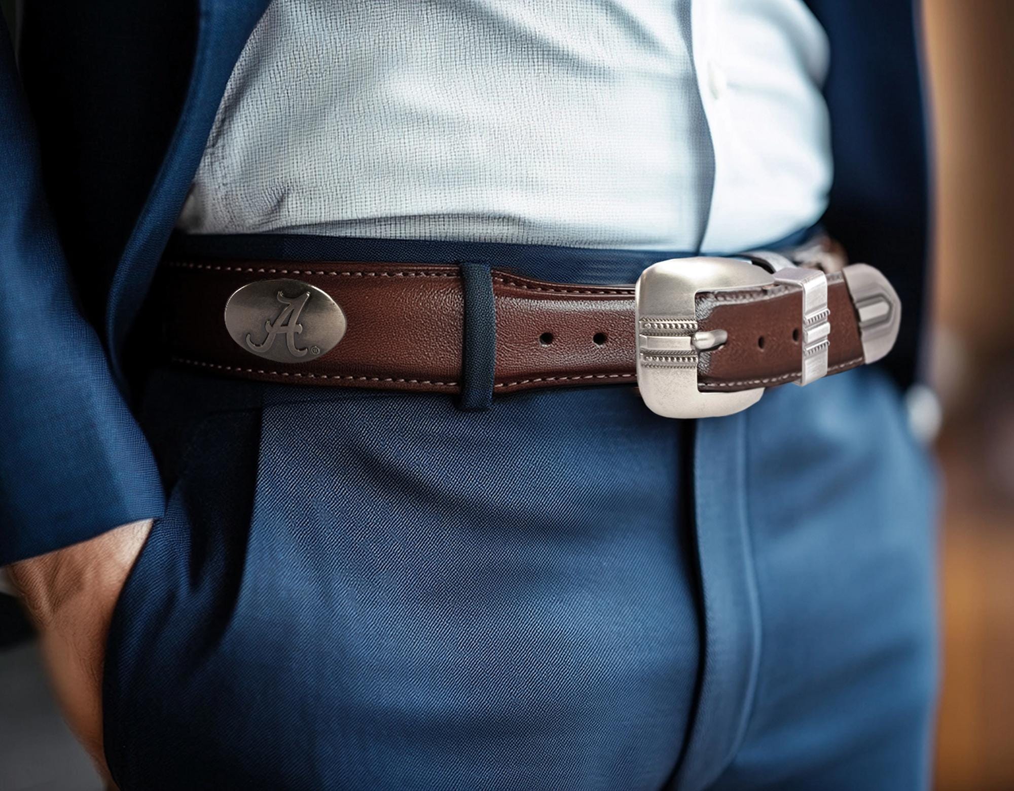 Alabama Crimson Tide Men's Collegiate Leather Belt. Alabama Gift. Bama Belt. Brown Braided Full Grain Finish With Metal Emblem Conchos.