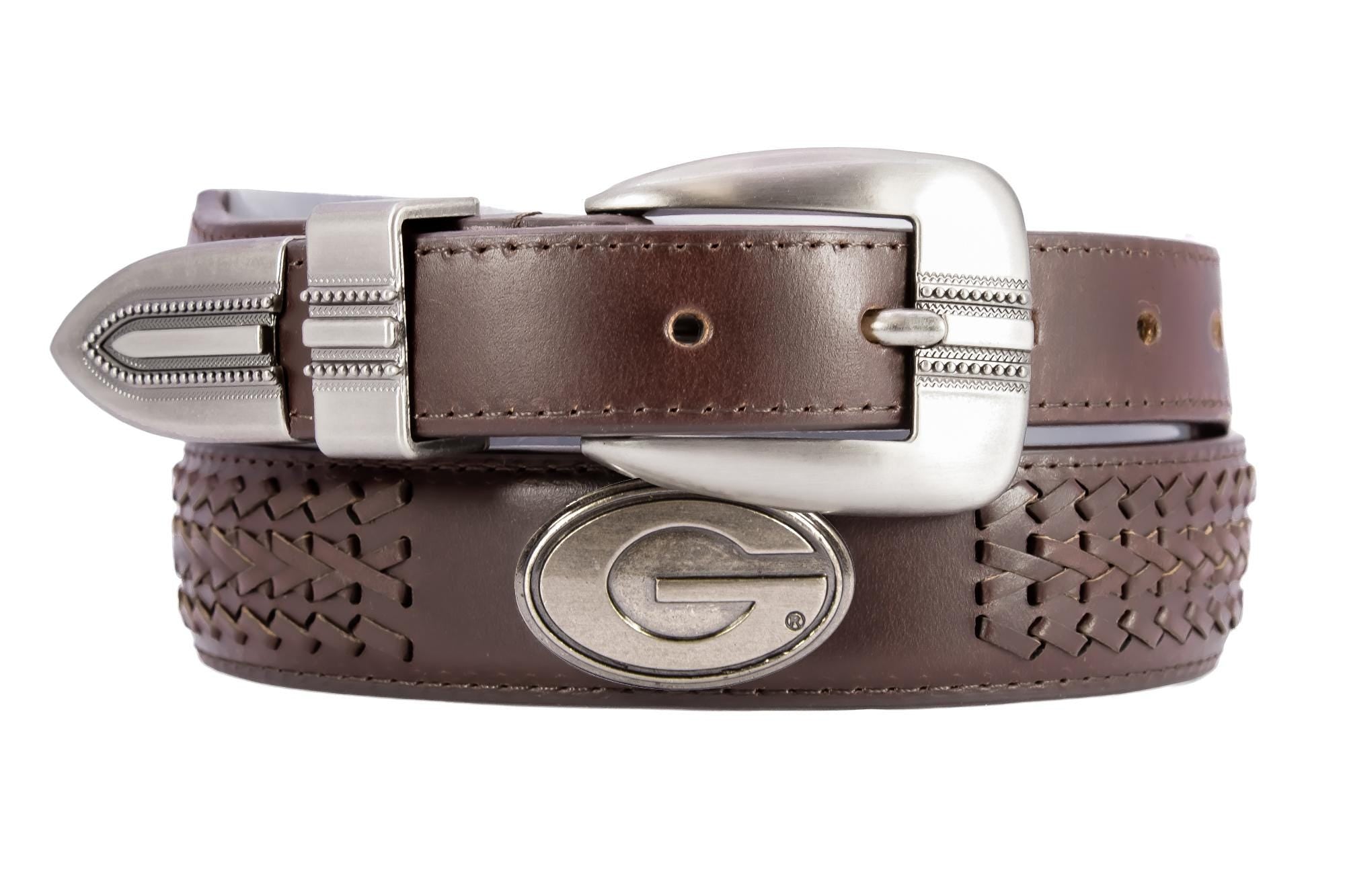 Georgia Bulldogs Men's Collegiate Leather Belt. UGA Dawgs Gift. UGA Belt. Brown Braided Full Grain Finish With Metal Emblem Conchos.