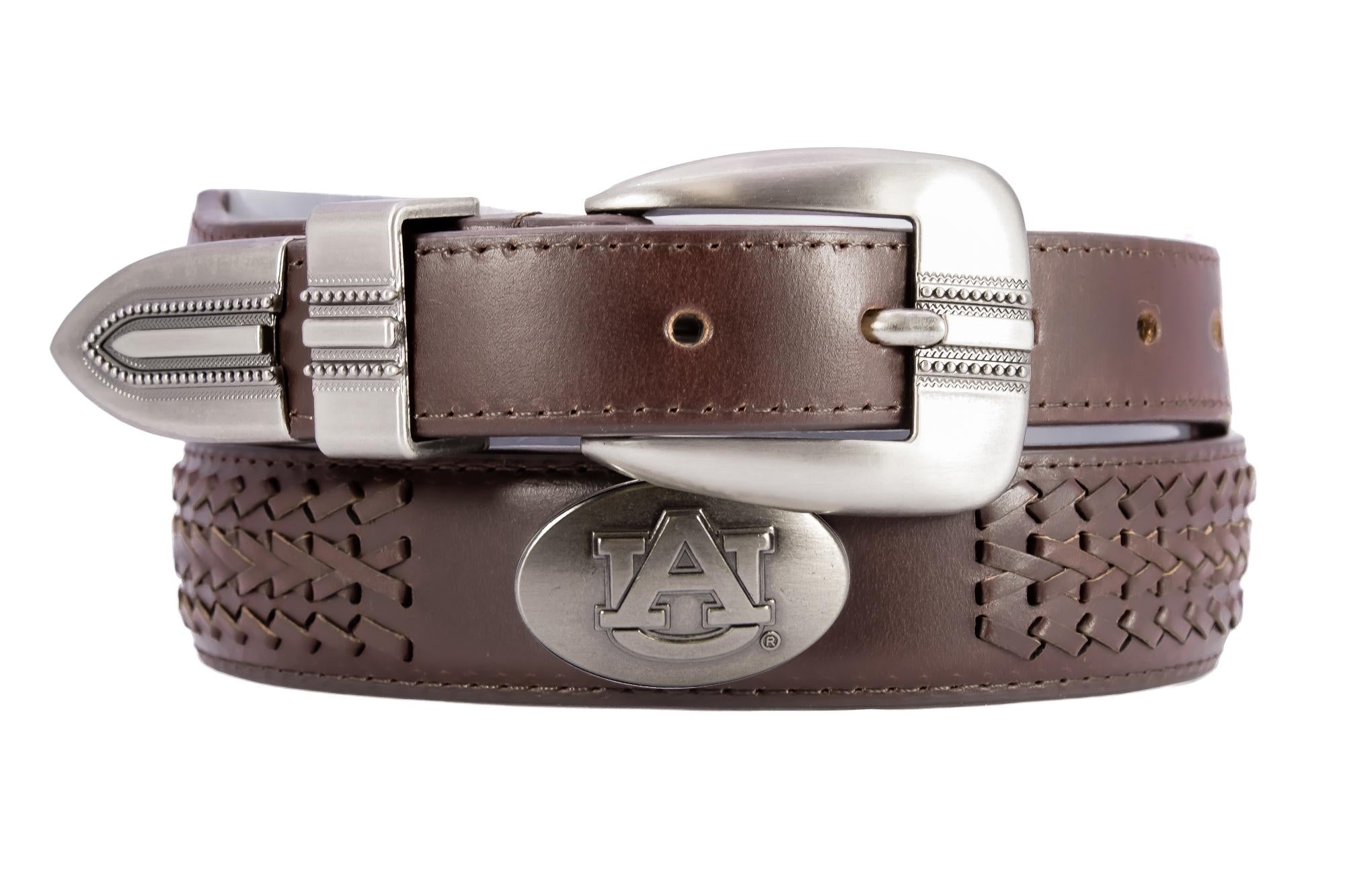 Auburn Tigers Men's Collegiate Leather Belt. Auburn Gift. Tigers Belt. War Eagle. Brown Braided Full Grain Finish With Metal Emblem Conchos.