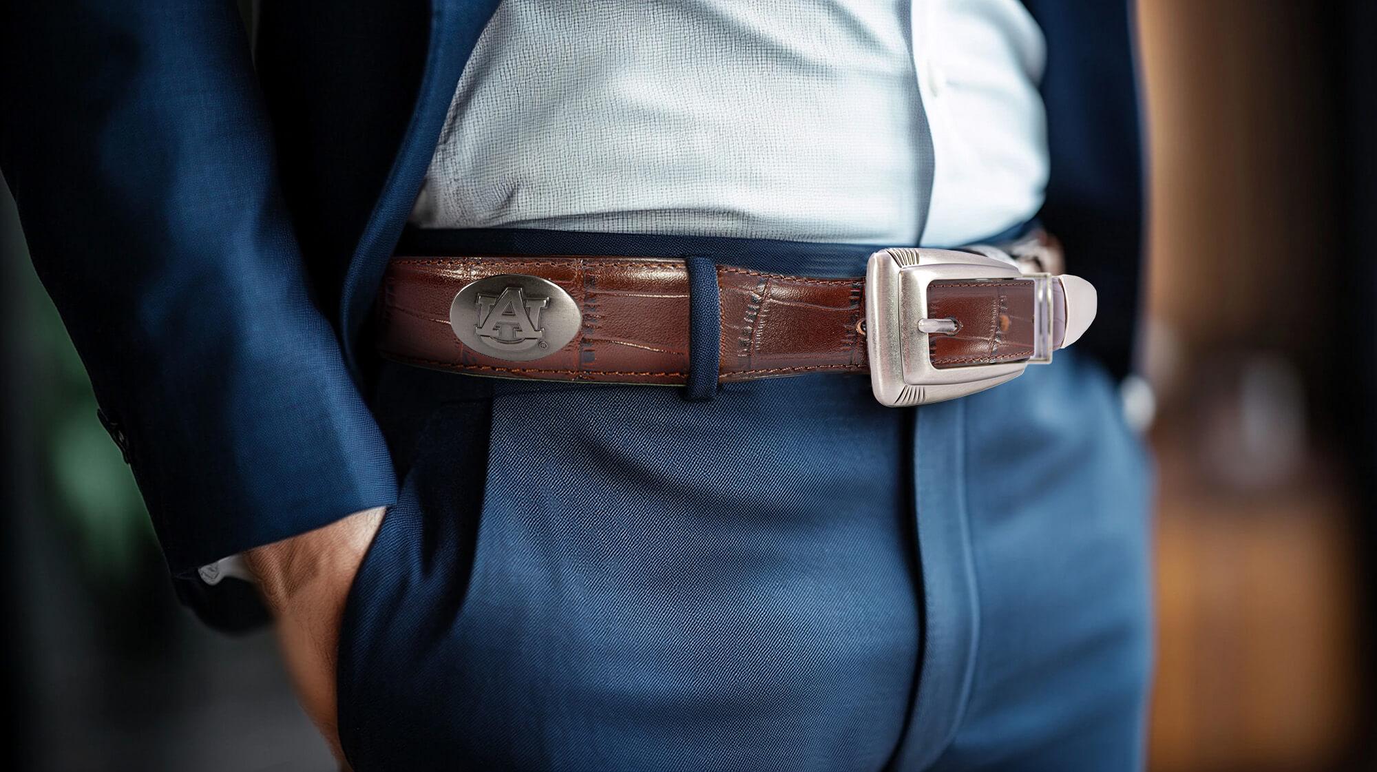 Auburn Tigers Men's Collegiate Leather Belt. Auburn Gift. Tigers Belt. War Eagle. Brown Croc Pattern Full Grain Finish With Metal Conchos.