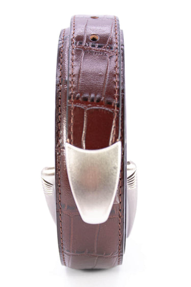 Texas Longhorns Men's Collegiate Leather Belt. UT Longhorns Gift. Texas Belt. Brown Croc Pattern Full Grain Finish With Metal Emblem Conchos