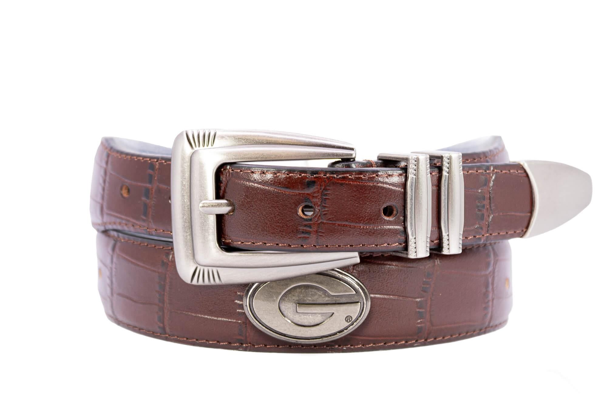 Georgia Bulldogs Men's Collegiate Leather Belt. UGA Dawgs Gift. UGA Belt. Brown Croc Pattern Full Grain Finish With Metal Emblem Conchos.