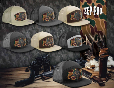 Cotton Boll Hand Burnished Full Grain Old School Camo Brown Leather Patch Hat. 7-Panel Modern Flat Bill Cap. Richardson 168 Snapback Hat.