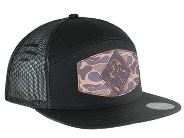 Mallard Hand Burnished Full Grain Old School Camo Brown Leather Patch Hat. 7-Panel Modern Flat Bill Cap. Richardson 168 Snapback Hat.
