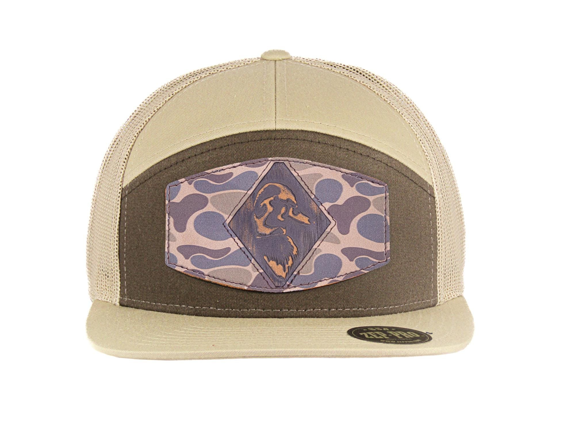 Mallard Hand Burnished Full Grain Old School Camo Brown Leather Patch Hat. 7-Panel Modern Flat Bill Cap. Richardson 168 Snapback Hat.