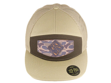 Mallard Hand Burnished Full Grain Old School Camo Brown Leather Patch Hat. 7-Panel Modern Flat Bill Cap. Richardson 168 Snapback Hat.