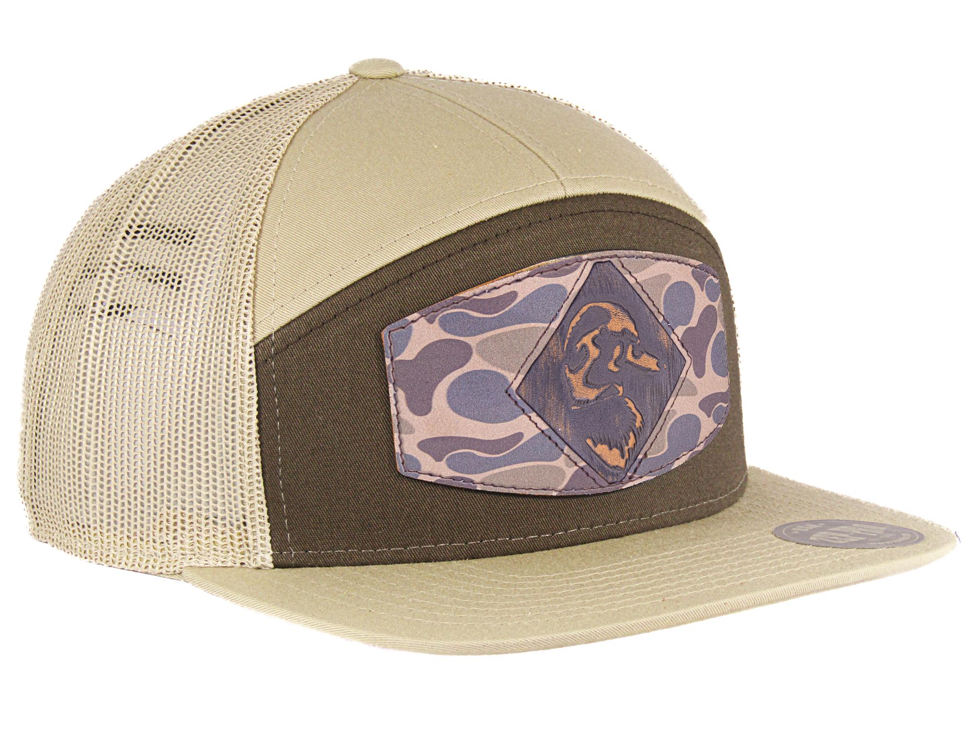 Mallard Hand Burnished Full Grain Old School Camo Brown Leather Patch Hat. 7-Panel Modern Flat Bill Cap. Richardson 168 Snapback Hat.