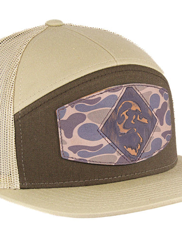 Mallard Hand Burnished Full Grain Old School Camo Brown Leather Patch Hat. 7-Panel Modern Flat Bill Cap. Richardson 168 Snapback Hat.