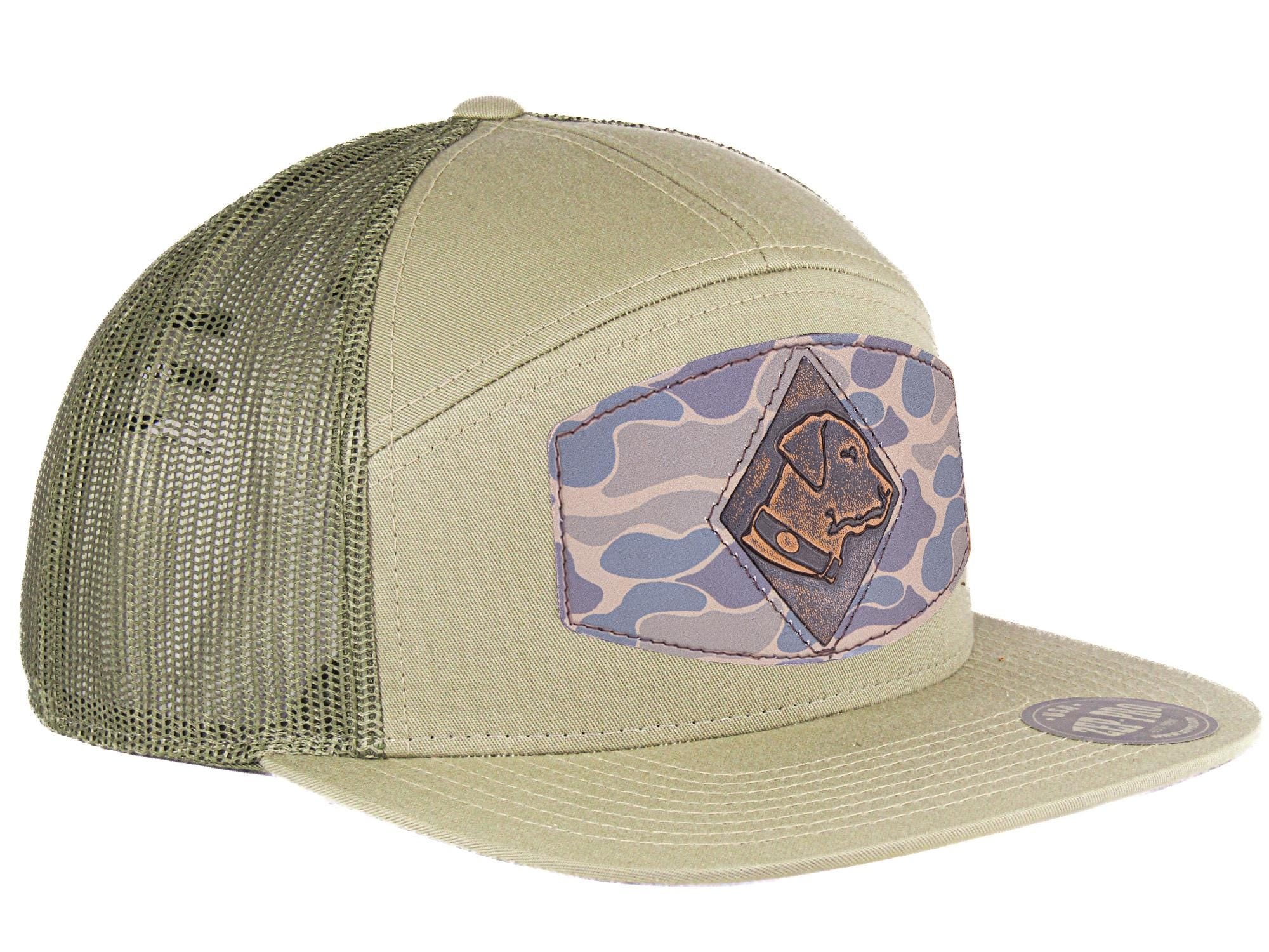 Lab Hand Burnished Full Grain Old School Camo Brown Leather Patch Hat. 7-Panel Modern Flat Bill Cap. Richardson 168 Trucker Snapback Hat.