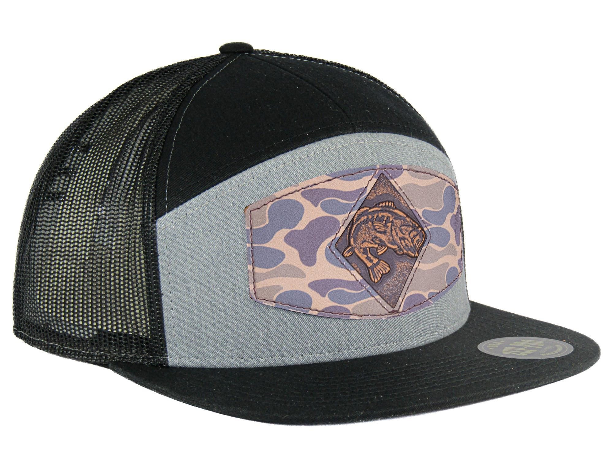 Bass Hand Burnished Full Grain Old School Camo Brown Leather Patch Hat. 7-Panel Modern Flat Bill Cap. Richardson 168 Trucker Snapback Hat.