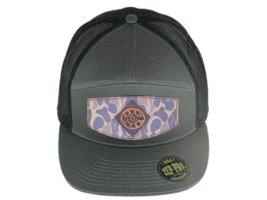 Shot Shell Hand Burnished Full Grain Old School Camo Brown Leather Patch Hat. 7-Panel Modern Flat Bill Cap. Richardson 168 Snapback Hat.
