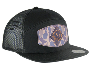 Cotton Boll Hand Burnished Full Grain Old School Camo Brown Leather Patch Hat. 7-Panel Modern Flat Bill Cap. Richardson 168 Snapback Hat.