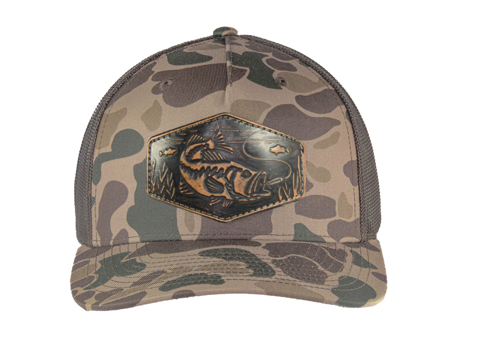 Bass Old School Camo Trucker Hat. Hand Burnished Full Grain Leather Patch. 5-Panel Richardson 112 Snapback Cap. Stitched Bass Leather Patch.