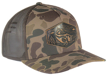 Bass Old School Camo Trucker Hat. Hand Burnished Full Grain Leather Patch. 5-Panel Richardson 112 Snapback Cap. Stitched Bass Leather Patch.