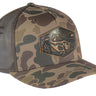 Bass Old School Camo Trucker Hat. Hand Burnished Full Grain Leather Patch. 5-Panel Richardson 112 Snapback Cap. Stitched Bass Leather Patch.