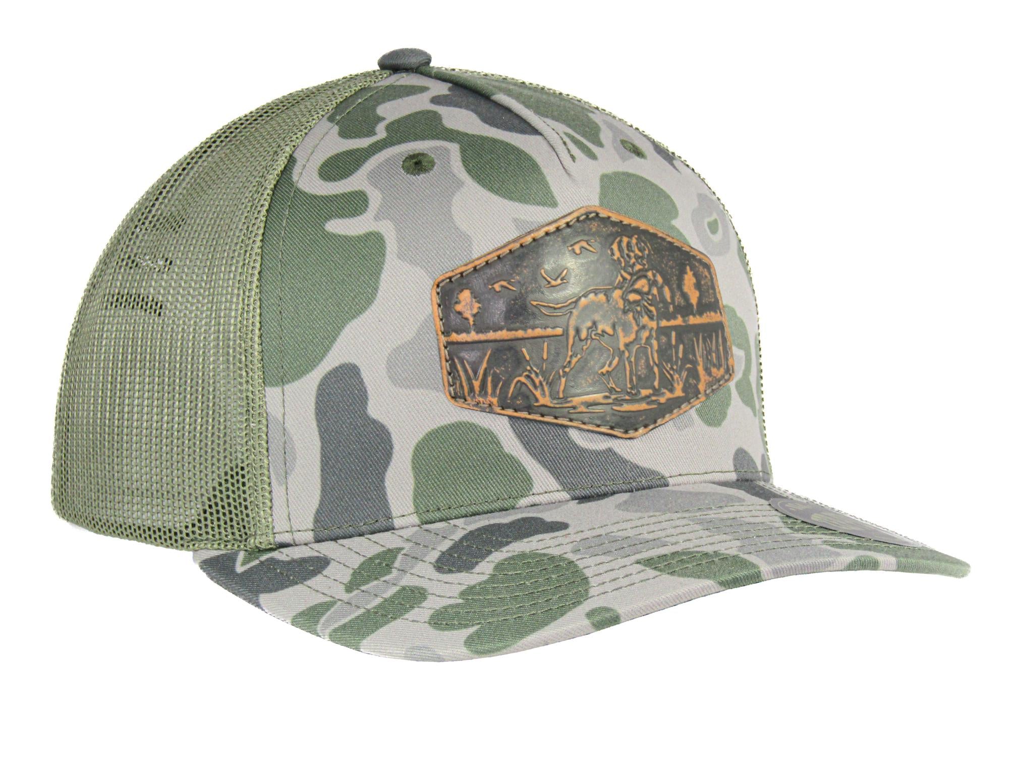 Dog Old School Camo Trucker Hat. Hand Burnished Full Grain Leather Patch. 5-Panel Richardson 112 Snapback Cap. Stitched Dog Leather Patch.