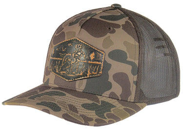 Dog Old School Camo Trucker Hat. Hand Burnished Full Grain Leather Patch. 5-Panel Richardson 112 Snapback Cap. Stitched Dog Leather Patch.