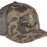 Mallard Old School Camo Trucker Hat. Hand Burnished Full Grain Leather Patch. 5-Panel Richardson 112 Snapback Cap. Stitched Duck Patch.