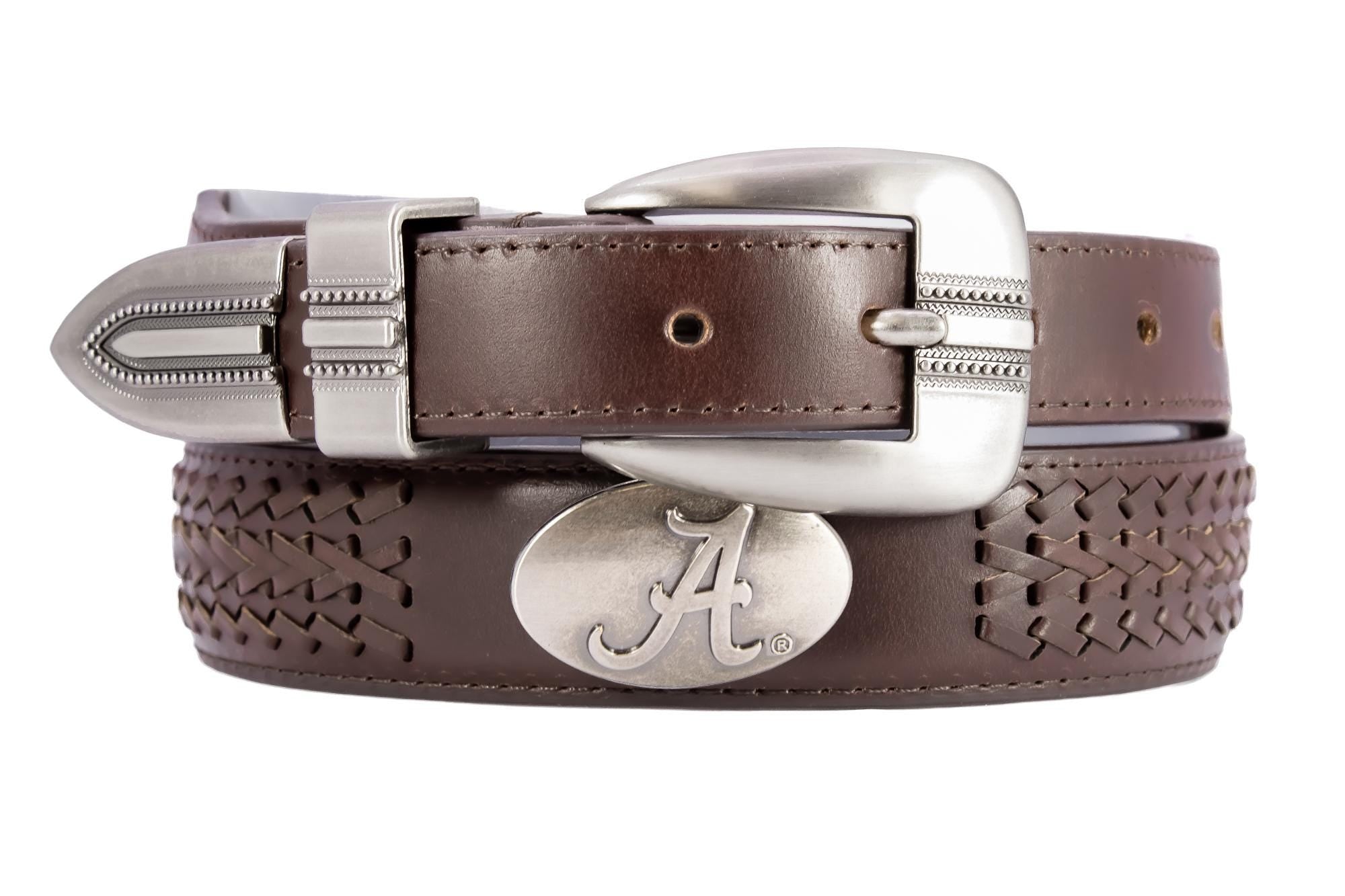 Alabama Crimson Tide Men's Collegiate Leather Belt. Alabama Gift. Bama Belt. Brown Braided Full Grain Finish With Metal Emblem Conchos.