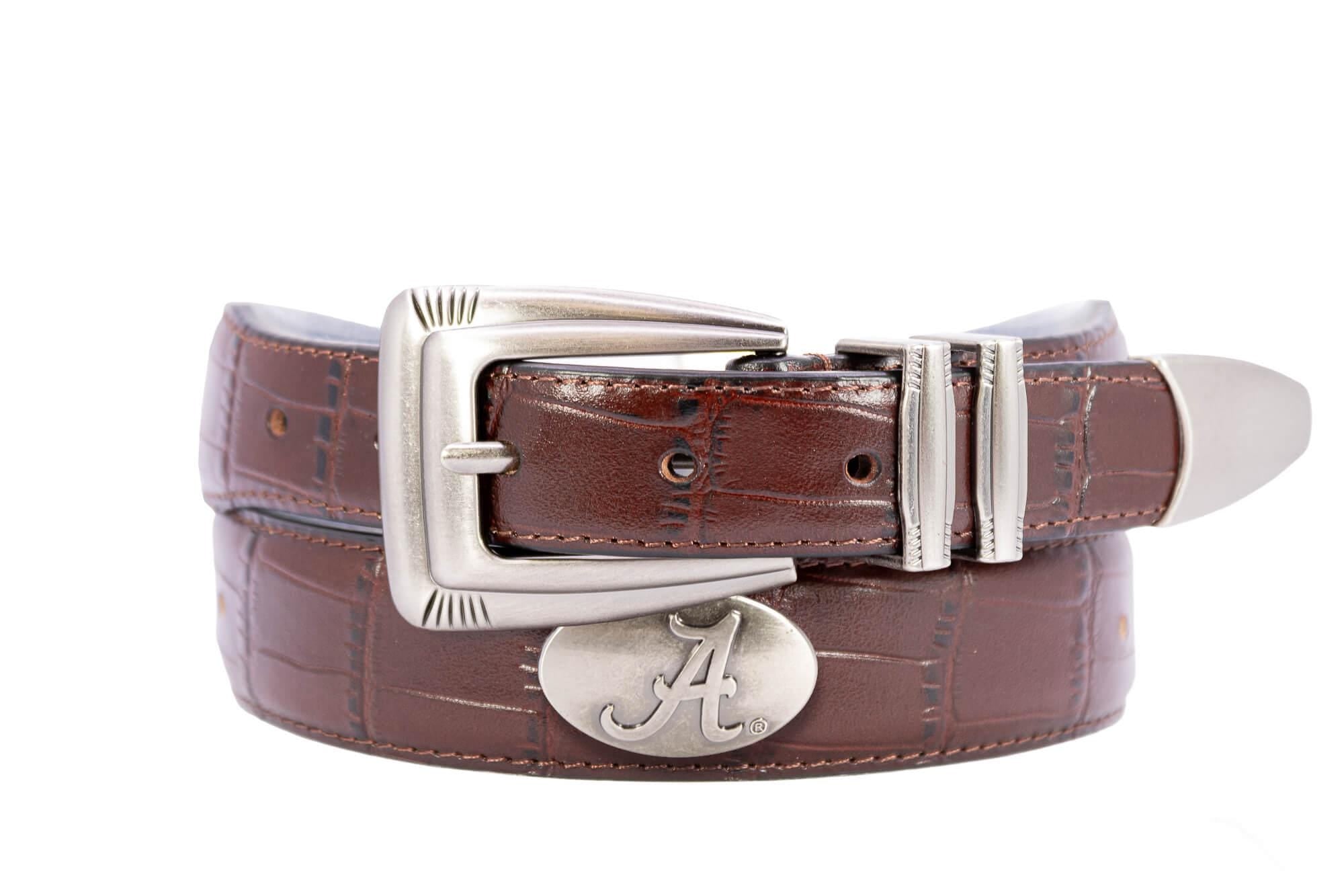 Alabama Crimson Tide Men's Collegiate Leather Belt. Alabama Gift. Bama Belt. Brown Croc Pattern Full Grain Finish With Metal Emblem Conchos.