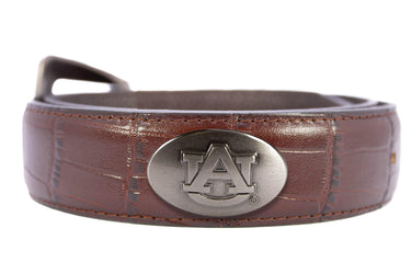 Auburn Tigers Men's Collegiate Leather Belt. Auburn Gift. Tigers Belt. War Eagle. Brown Croc Pattern Full Grain Finish With Metal Conchos.