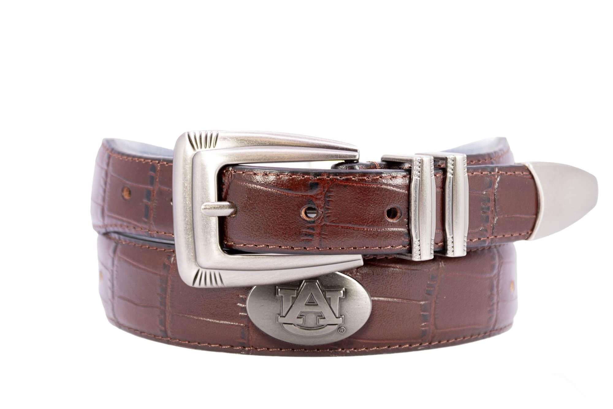 Auburn Tigers Men's Collegiate Leather Belt. Auburn Gift. Tigers Belt. War Eagle. Brown Croc Pattern Full Grain Finish With Metal Conchos.