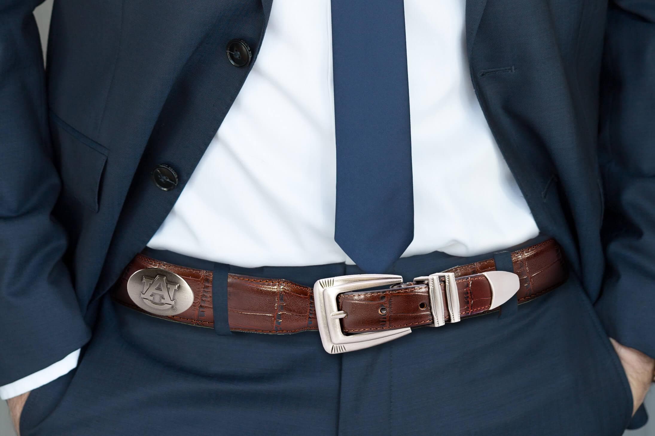 Auburn Tigers Men's Collegiate Leather Belt. Auburn Gift. Tigers Belt. War Eagle. Brown Croc Pattern Full Grain Finish With Metal Conchos.