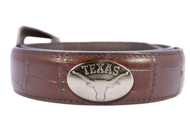 Texas Longhorns Men's Collegiate Leather Belt. UT Longhorns Gift. Texas Belt. Brown Croc Pattern Full Grain Finish With Metal Emblem Conchos