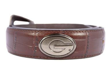 Georgia Bulldogs Men's Collegiate Leather Belt. UGA Dawgs Gift. UGA Belt. Brown Croc Pattern Full Grain Finish With Metal Emblem Conchos.