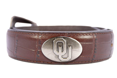 Oklahoma Sooners Men's Collegiate Leather Belt. Sooners Gift. Oklahoma Belt. Brown Croc Pattern Full Grain Finish With Metal Emblem Conchos.