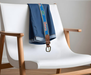 Youth Size Florida Gators Collegiate Woven Ribbon Belt. Tan Full Grain Leather Tabs. Boys Size Gators Belt. Kids UF Ribbon Belt.