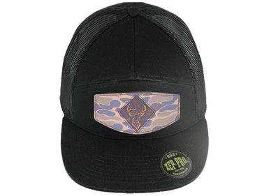 Buck Hand Burnished Full Grain Old School Camo Brown Leather Patch Hat. 7-Panel Modern Flat Bill Cap. Richardson 168 Trucker Snapback Hat.