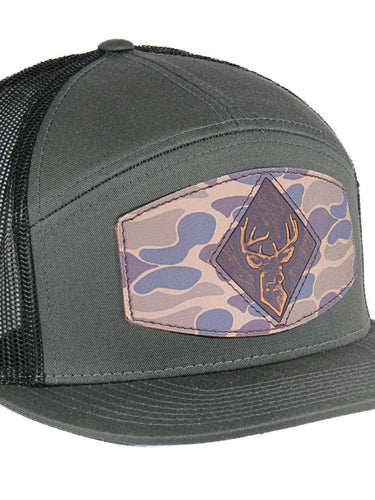Buck Hand Burnished Full Grain Old School Camo Brown Leather Patch Hat. 7-Panel Modern Flat Bill Cap. Richardson 168 Trucker Snapback Hat.