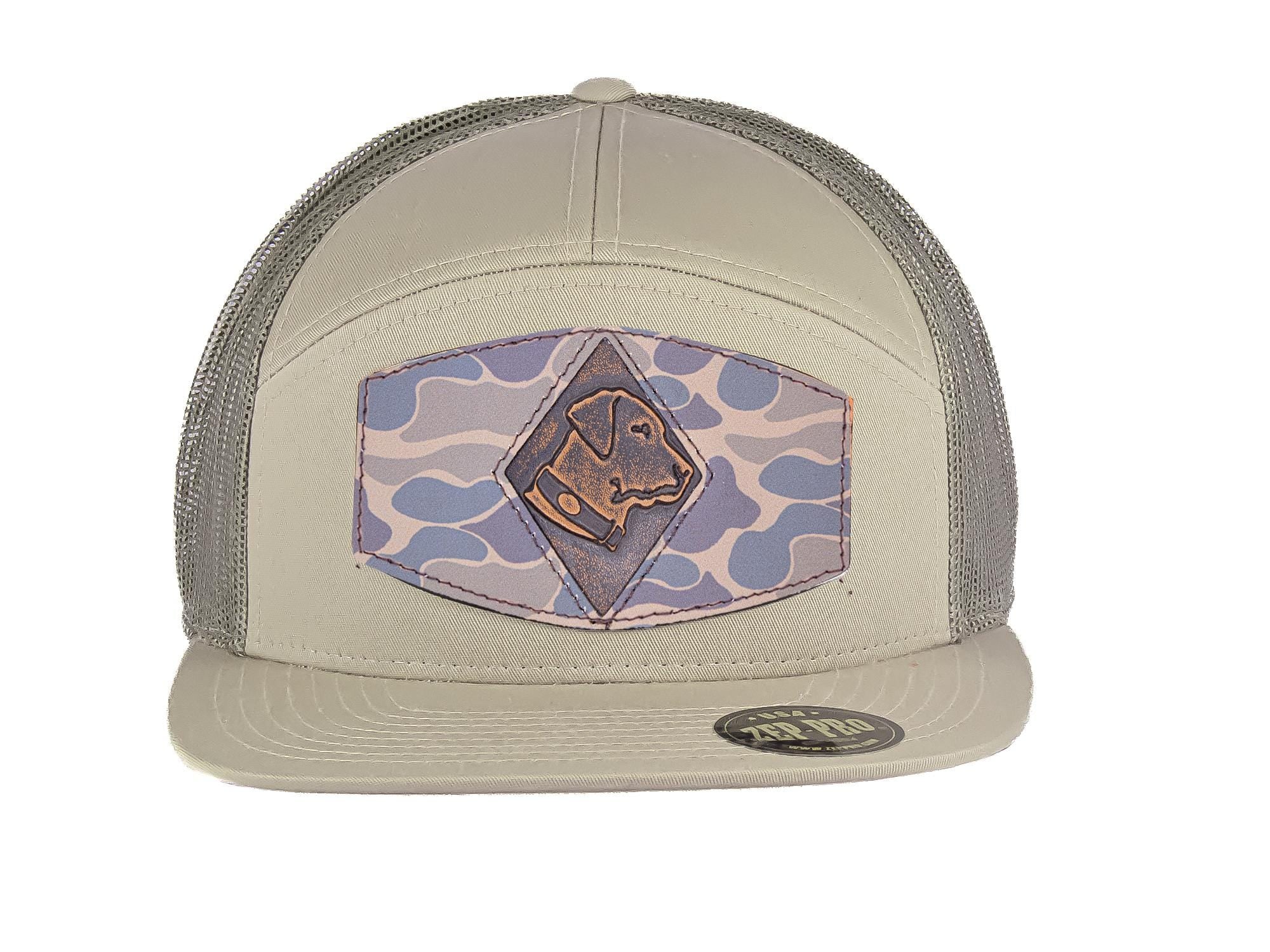 Lab Hand Burnished Full Grain Old School Camo Brown Leather Patch Hat. 7-Panel Modern Flat Bill Cap. Richardson 168 Trucker Snapback Hat.